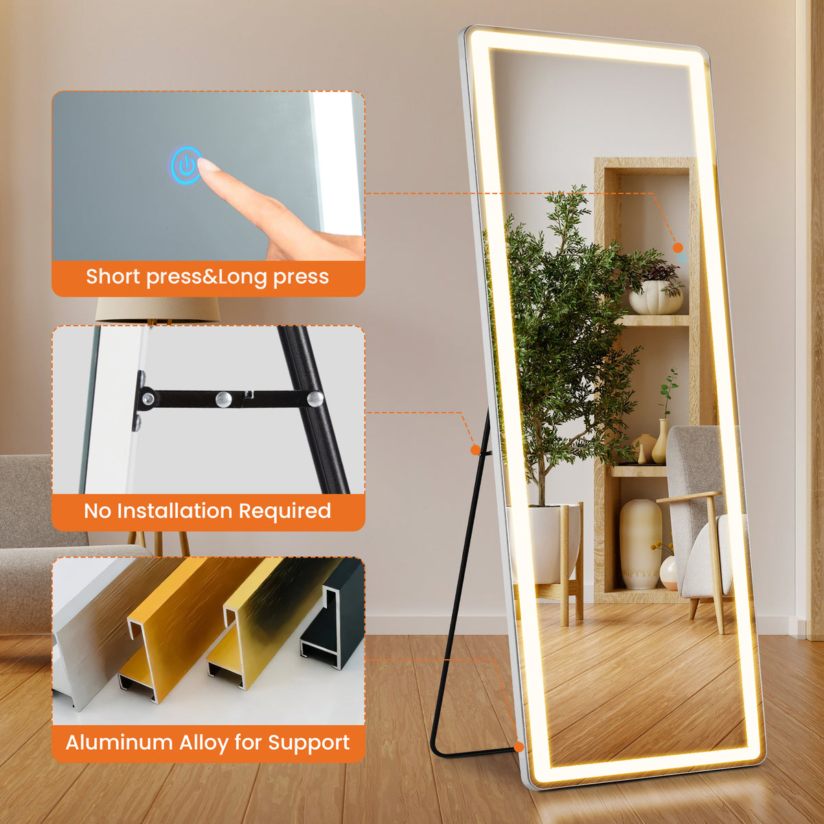 3 Color Lighting Mirror With Led Lights, 71"X26" Lighted Floor Standing Mirror With Stand Black Fiberglass