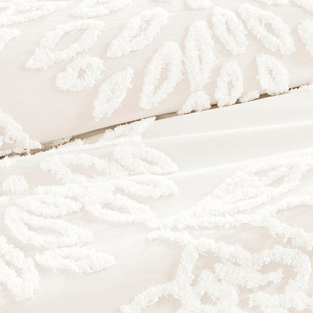 3 Piece Tufted Cotton Chenille Floral Duvet Cover Set Queen Off White Cotton