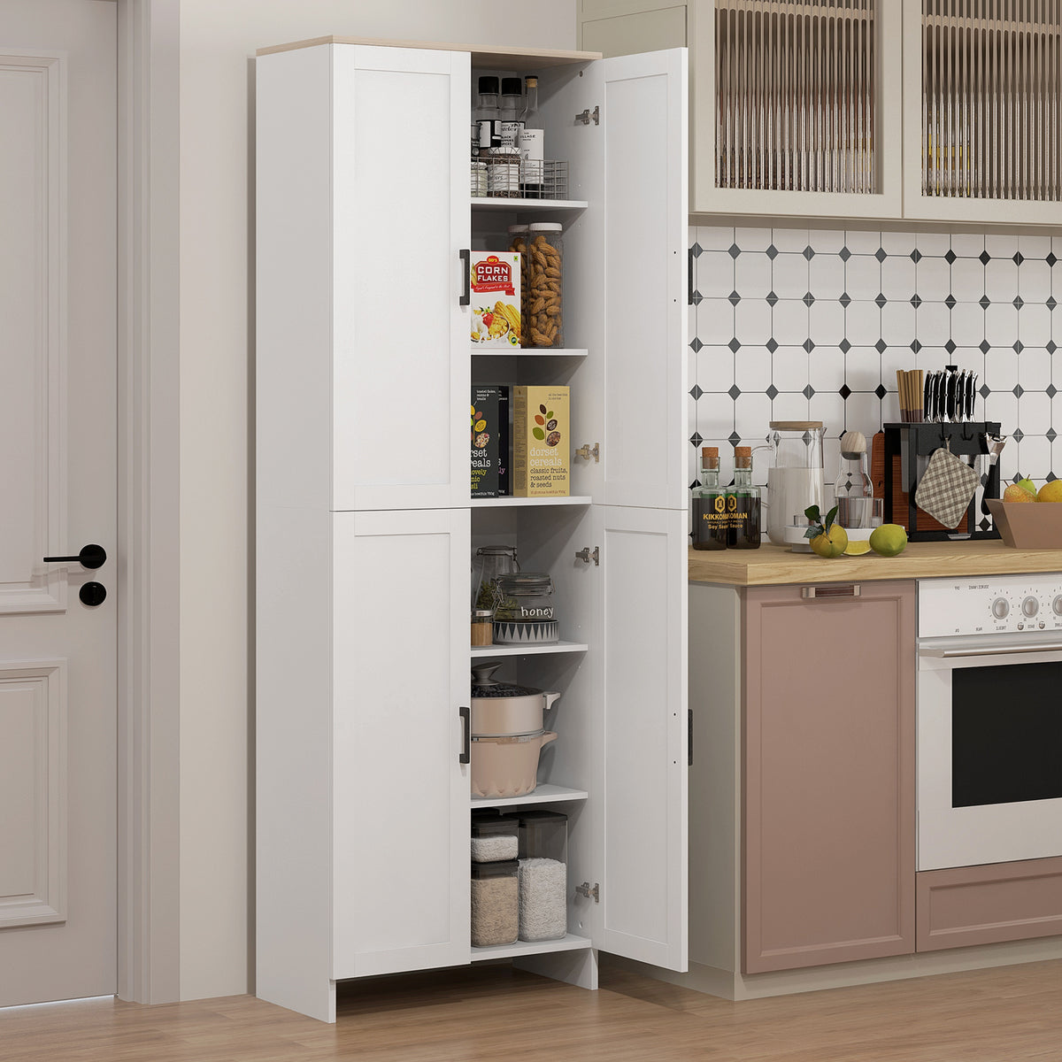 Homcom 72" Freestanding Kitchen Pantry, 4 Door Storage Cabinet Organizer With Adjustable Shelves, Kitchen Cabinet With Doors And Shelves, White White Particle Board