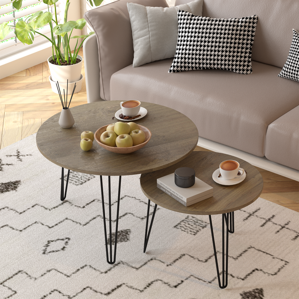 27.56'' Round Nesting Coffee Table Set Of 2, Circular Nesting End Table Set, Round Wooden Tabletop, And Sturdy Metal Base For Living Room, Bedroom, Brown Rustic Brown Round Wood Metal