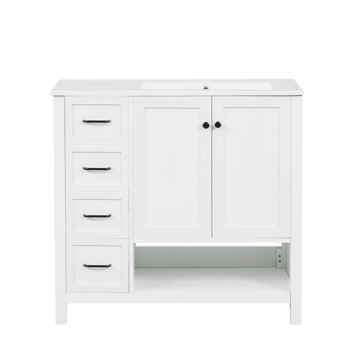 36" Bathroom Vanity With Sink Top, Bathroom Vanity Cabinet With Two Doors And Two Drawers, Solid Wood, Open Shelf, Mdf Boards, One Package, White White Solid Wood Mdf