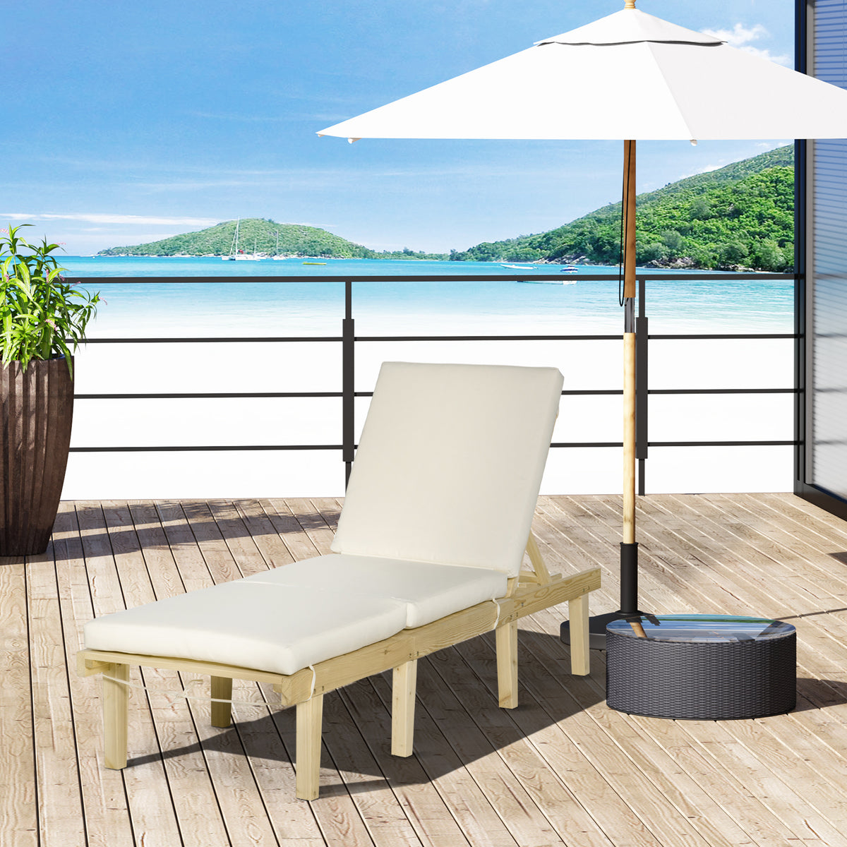 Outsunny Chaise Lounge Chair For Outdoor, Patio Recliner With 4 Position Adjustable Backrest And Cushion For Deck, Beach, Lawn And Sunbathing, Natural Natural Wood Polyester