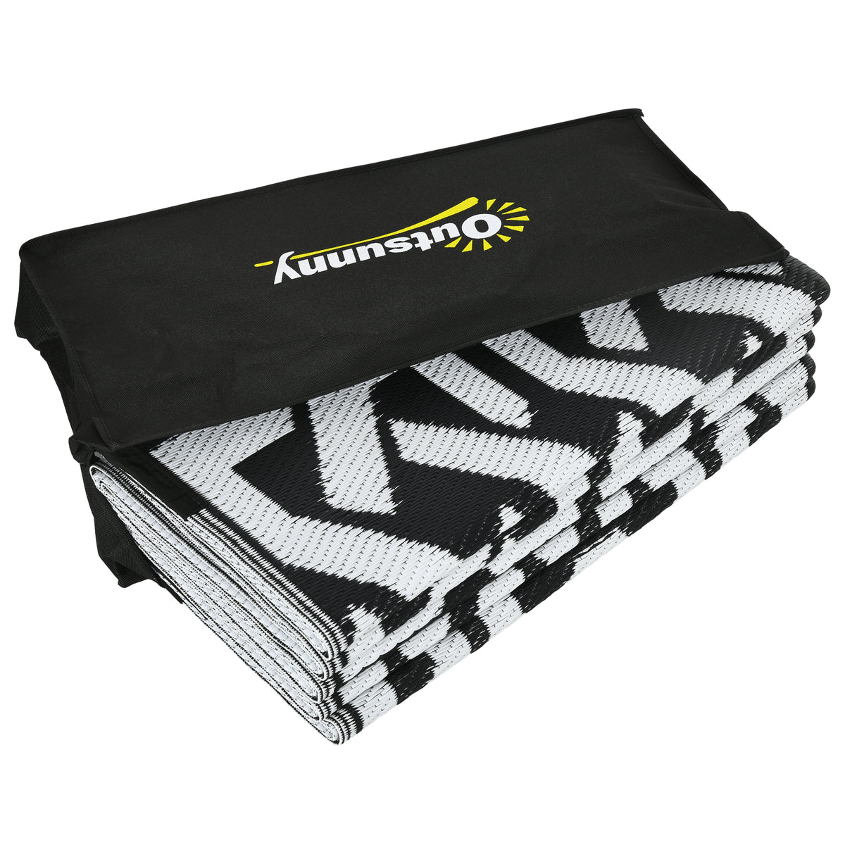 Outsunny Reversible Outdoor Rug, 8' X 10' Waterproof Plastic Straw Floor Mat, Portable Rv Camping Carpet With Carry Bag, Large Floor Mat For Backyard, Deck, Picnic, Beach, Black & White Chain Multicolor Polypropylene
