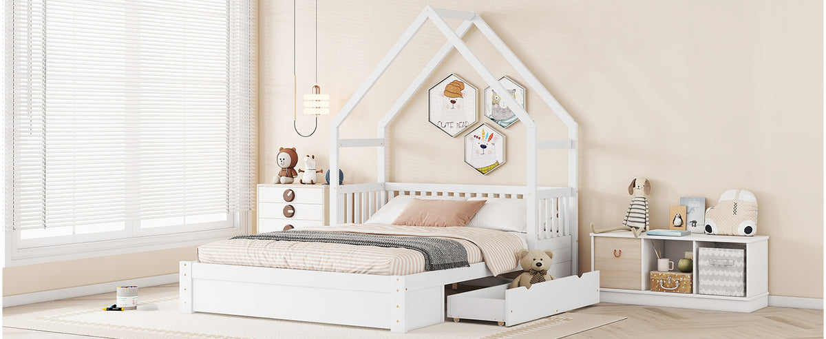 Wood Queen Size House Platform Bed With Guardrail And 2 Drawers, White Box Spring Not Required Queen White Wood Bedroom Bed Frame Solid Wood Mdf