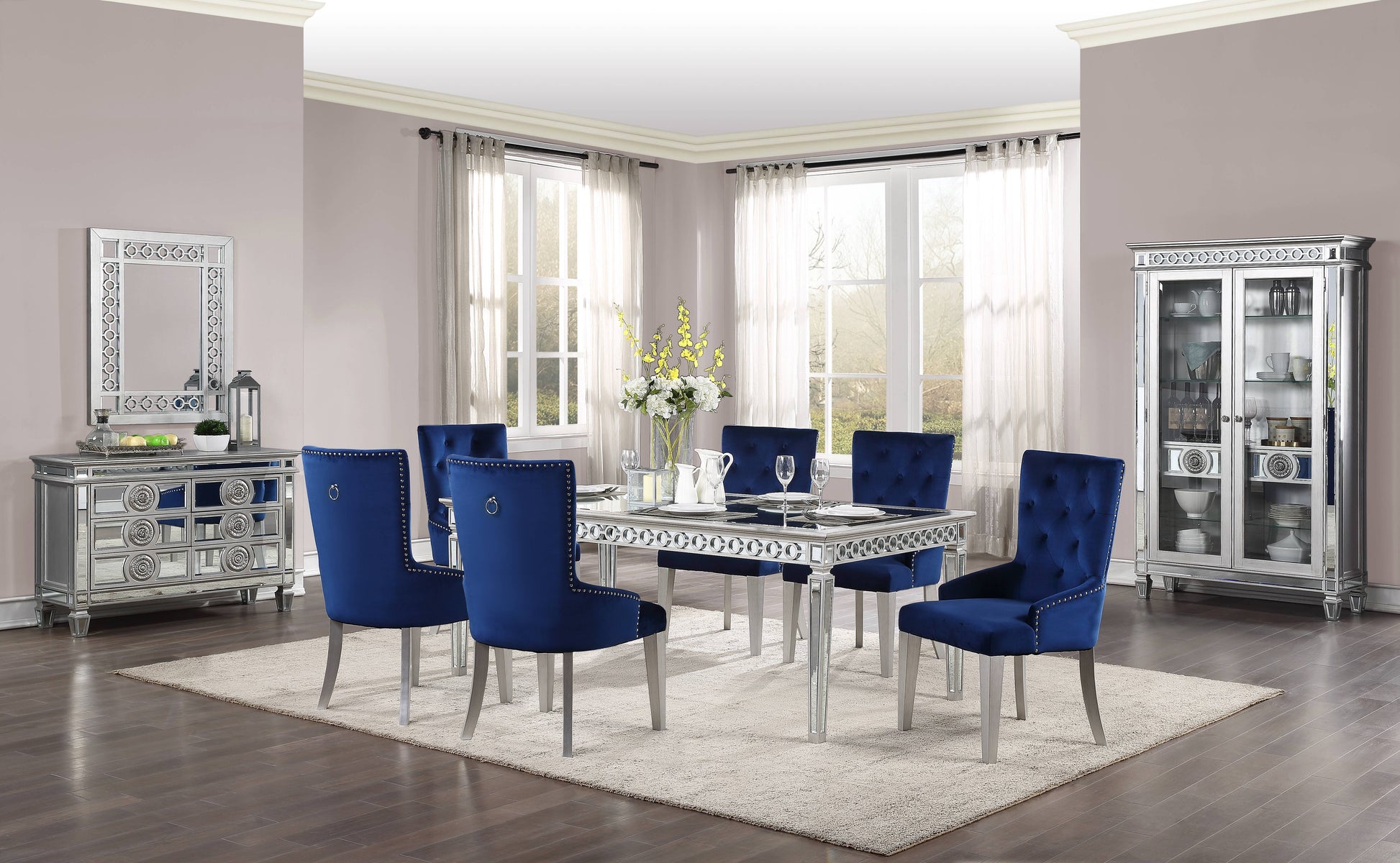 Blue And Antique Platinum Tufted Side Chair Solid Blue Dining Room Side Chair Solid Back 1 Wood Fabric