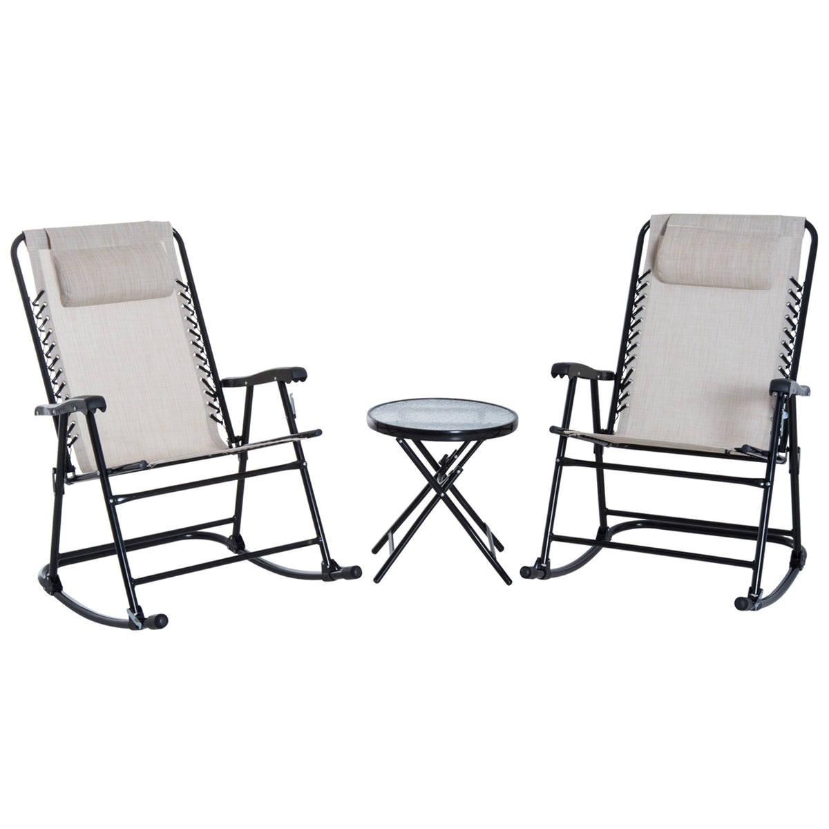 Outsunny 3 Piece Outdoor Rocking Chair Set, Patio Folding Lawn Rocker Set With Glass Coffee Table, Headrests For Yard, Patio, Deck, Backyard, Cream White Cream White Fabric