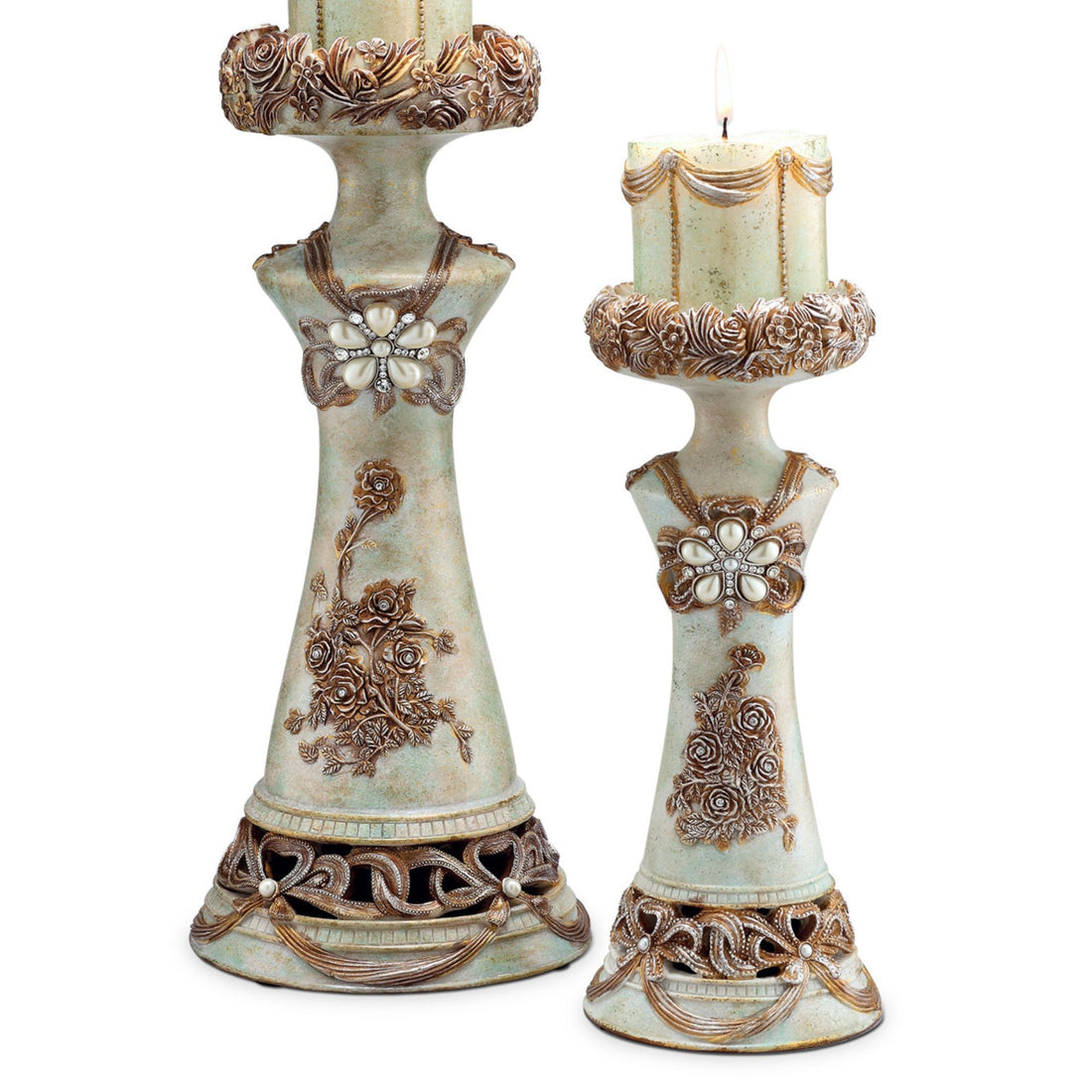 11.75" And 15.5" Polyresin Candleholder, Vintage Rose Design Set Of 2 Beige Polyresin