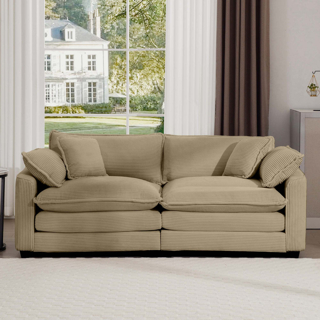 Modern Fabric Living Room Sofa With 4 Pillows Upholstered Large Deep Seating Loveseat, Tan Corduroy Tan Corduroy 2 Seat