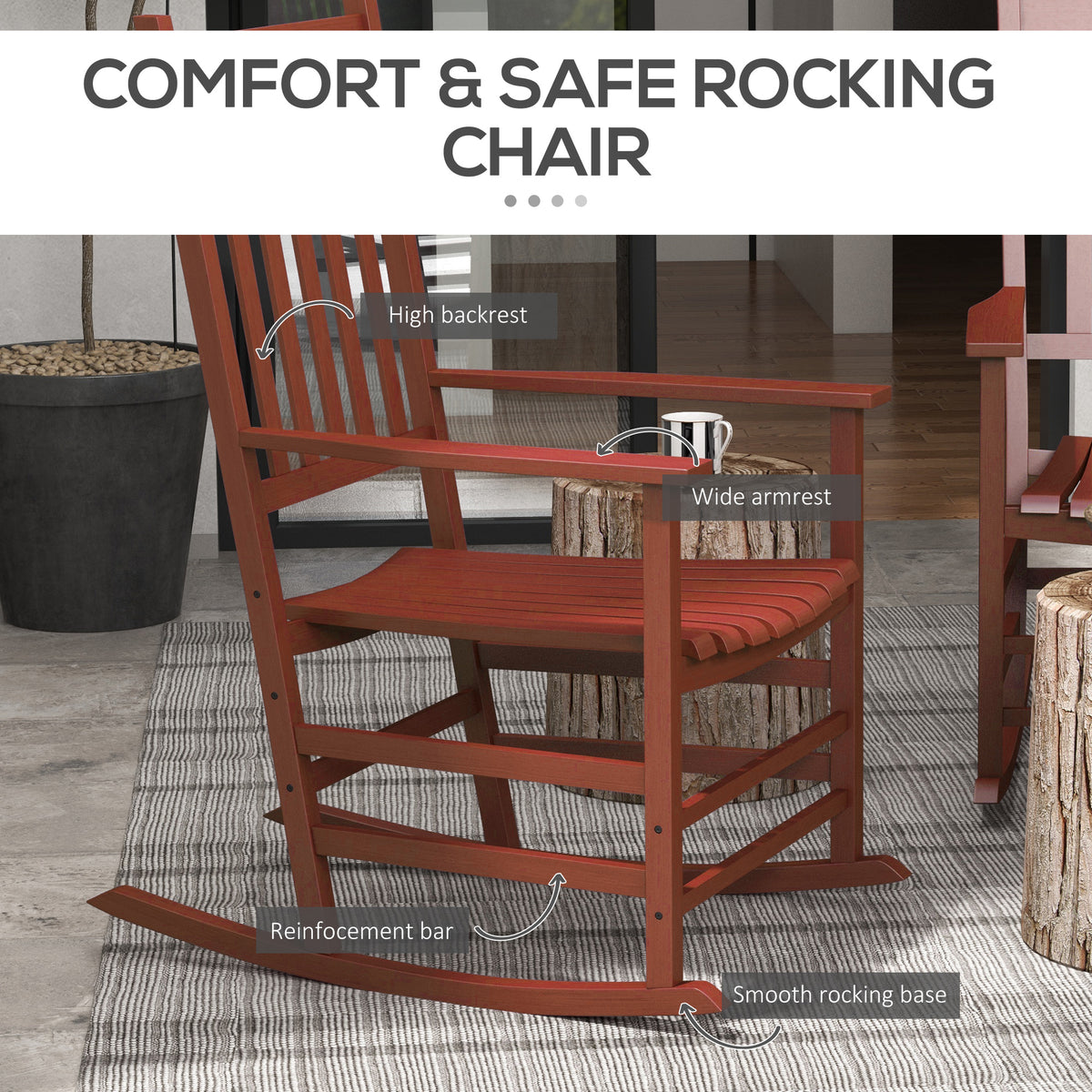 Outsunny Outdoor Rocking Chair Set Of 2, Patio Wooden Rocking Chair With Smooth Armrests, High Back For Garden, Balcony, Porch, Supports Up To 352 Lbs., Wine Red Red Fabric Metal