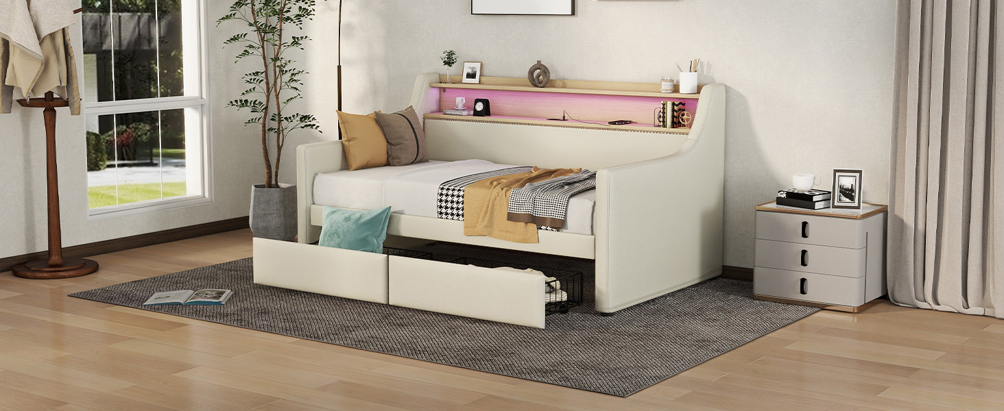 Twin Size Daybed With Storage Drawers, Upholstered Daybed With Charging Station And Led Lights, Beige Expect Arrive Date: Jun.,20Th. Twin Beige Pu Leather