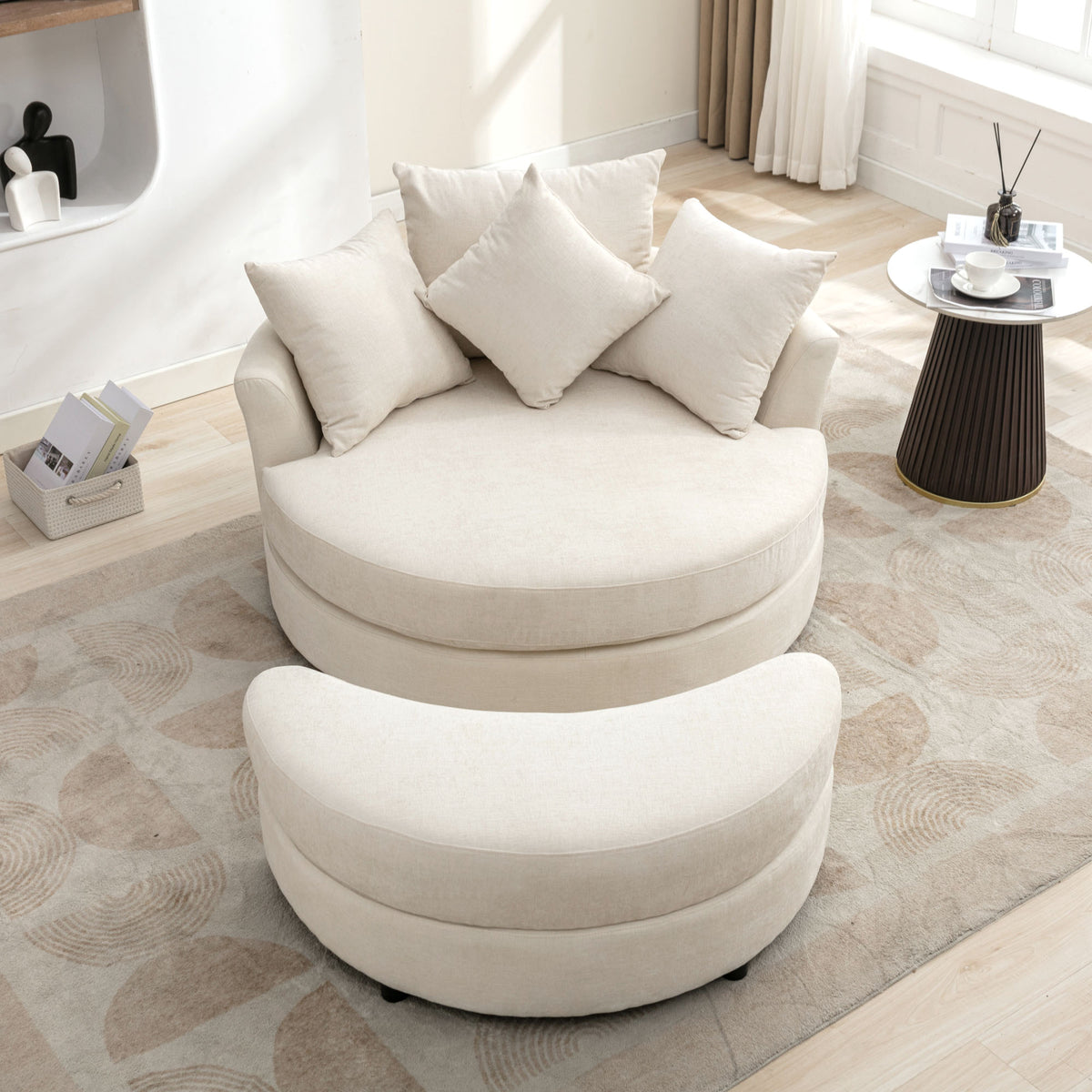 Orisfur. 360 Swivel Accent Barrel Chair With Storage Ottoman & 4 Pillows, Modern Chenille Leisure Chair Round Accent For Living Room, Cream Cream Foam Chenille