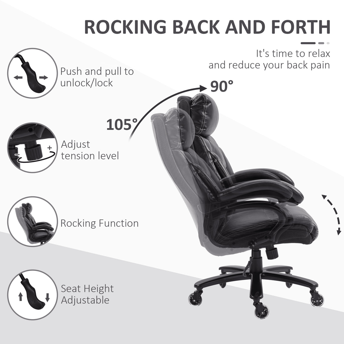 Vinsetto Heavy Duty Pu Leather Office Chair Hold Up To 400Lb, Black Black Pu Leather