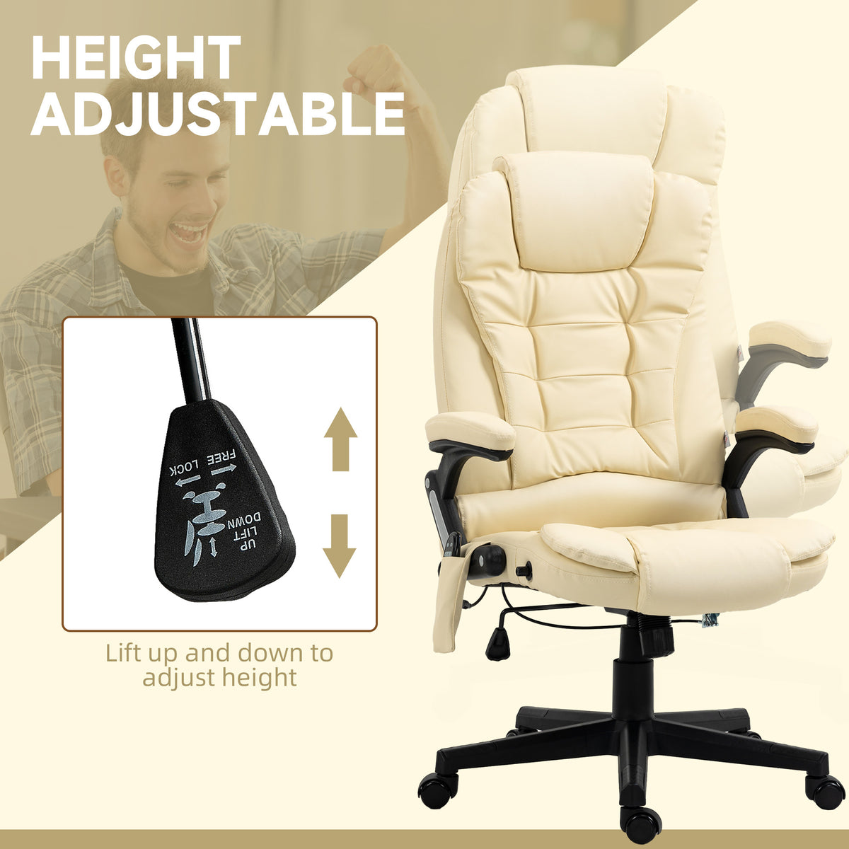 Homcom High Back Vibration Massage Office Chair With 6 Vibration Points, Heated Reclining Pu Leather Computer Chair With Armrest And Remote, Beige Beige Pu