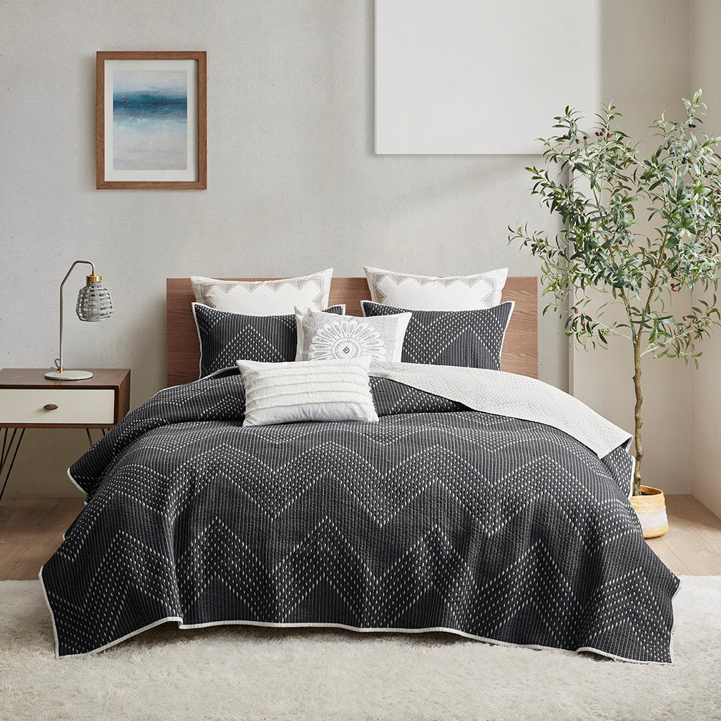 3 Piece Embroidered Cotton Quilt Set Black Full Queen Queen Black Cotton