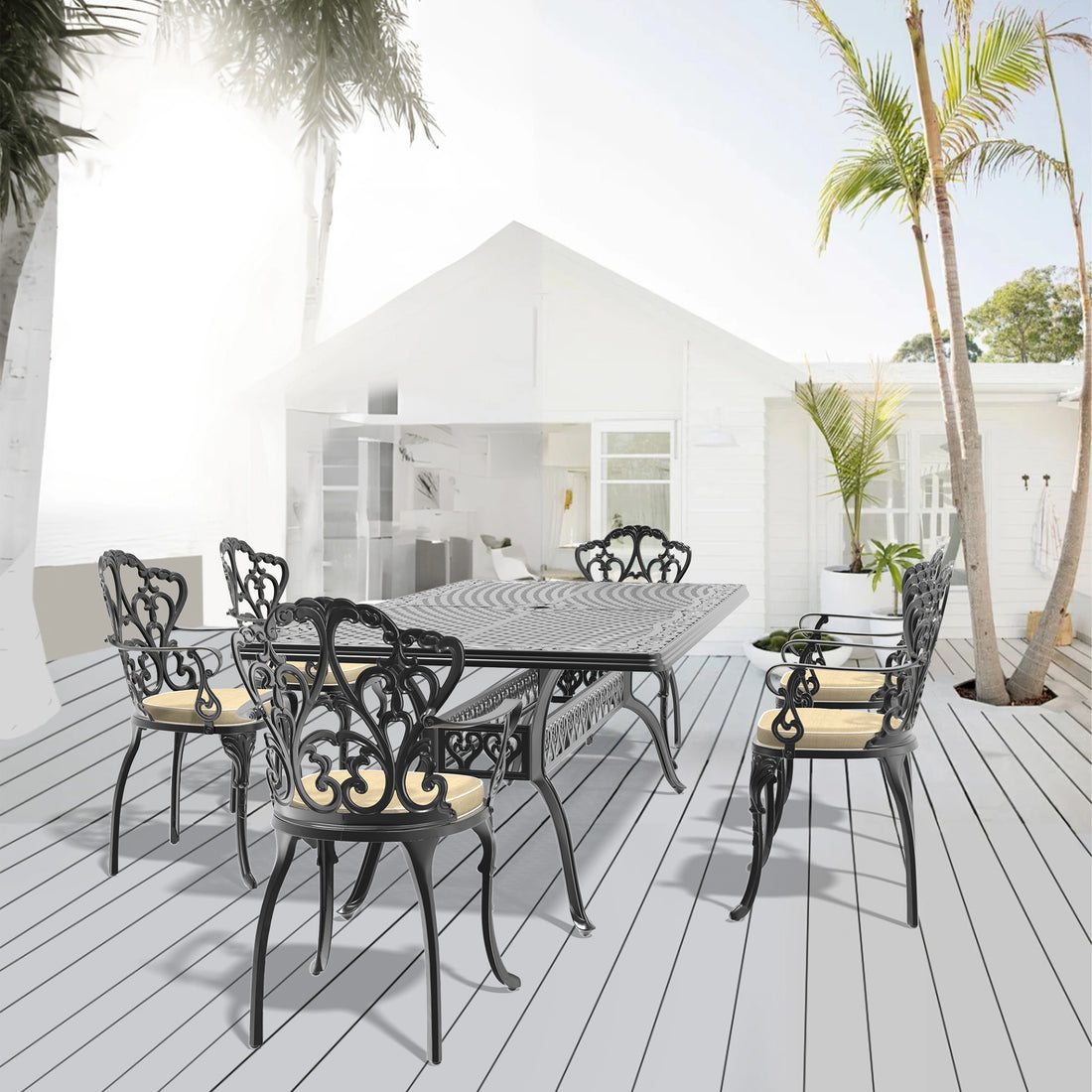 Cushions In Random Colors 7 Piece Set Of Cast Aluminum Patio Furniture With Cushions Yes Dining Set Black Seats 6 Rust Resistant Frame Water Resistant Cushion Garden & Outdoor Complete Patio Sets Aluminium
