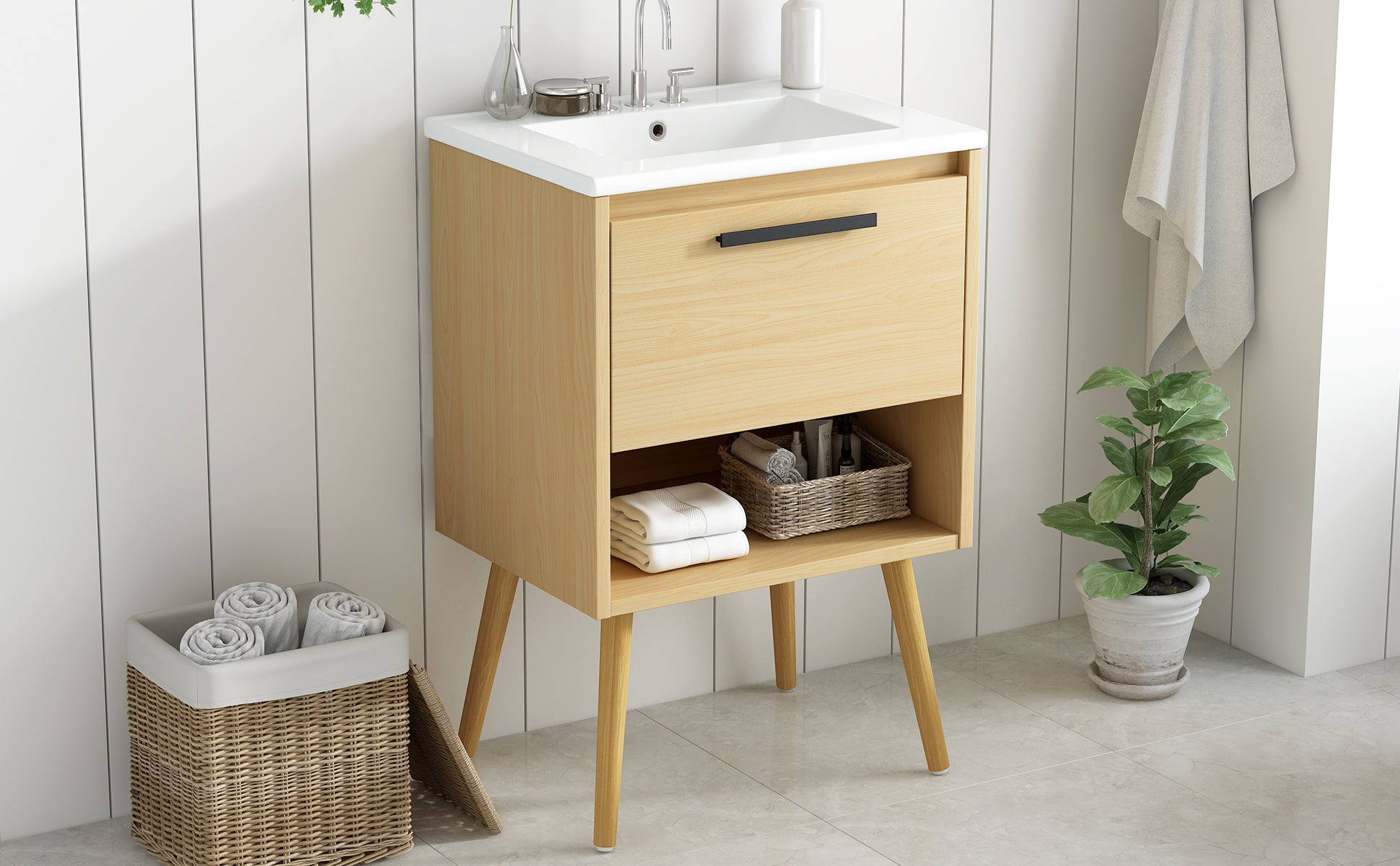 24" Bathroom Vanity With Sink Combo, Multi Functional Bathroom Cabinet With Drawer, Mdf Board, Natural Natural Solid Wood Mdf