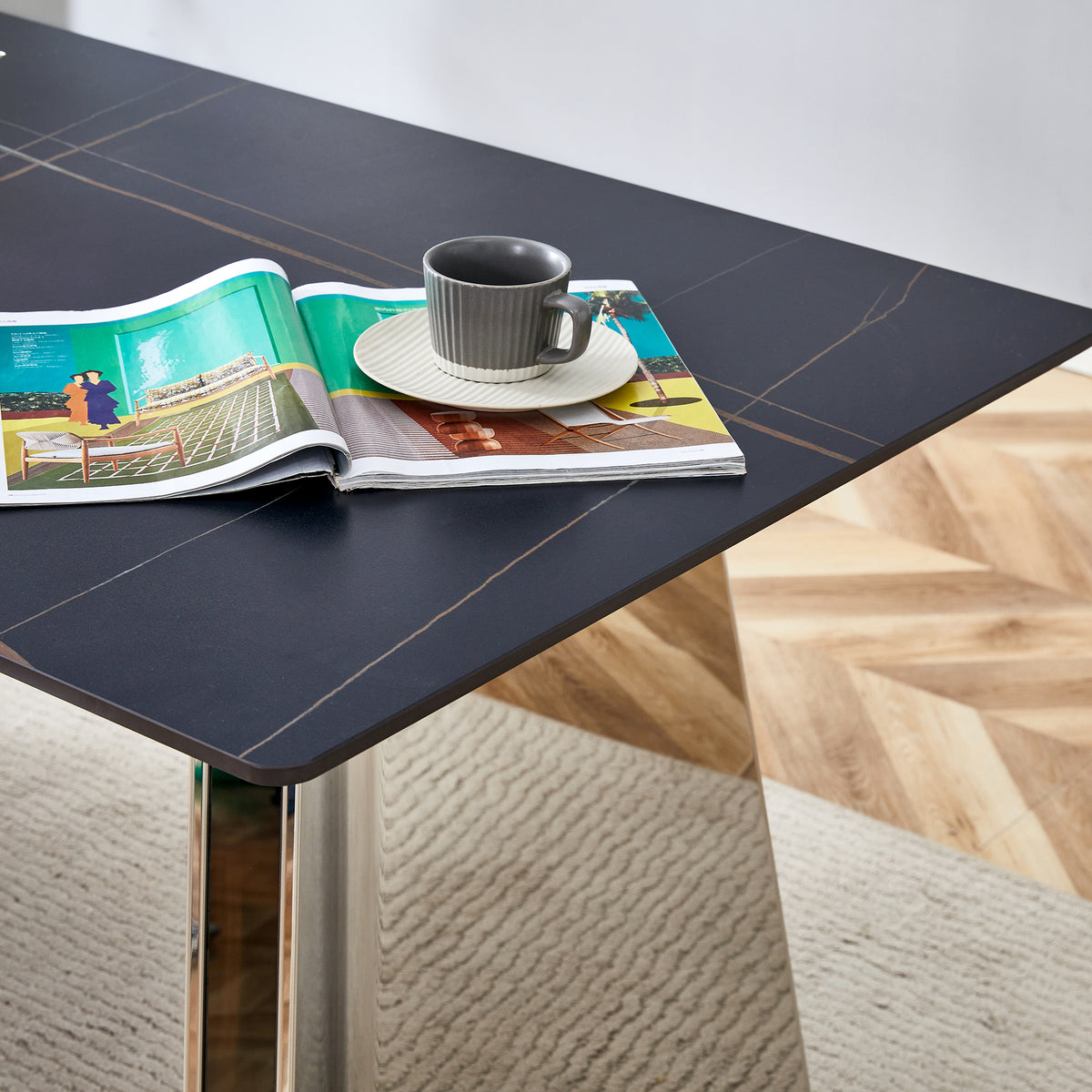 Table And Chair Set.63"X31.5X30" Black Marble Patterned Slabs Tabletop With Stainless Steel Butterfly Legs.Paried With 6 White High Quality Pu Chairs With Silver Metal Legs. White Black Seats 6
