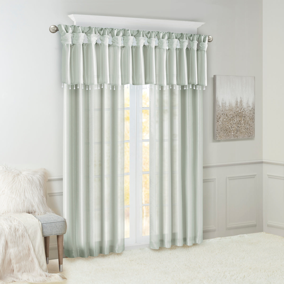 Lightweight Faux Silk Valance With Beads Dusty Aqua 50X26" Dusty Aqua Microfiber