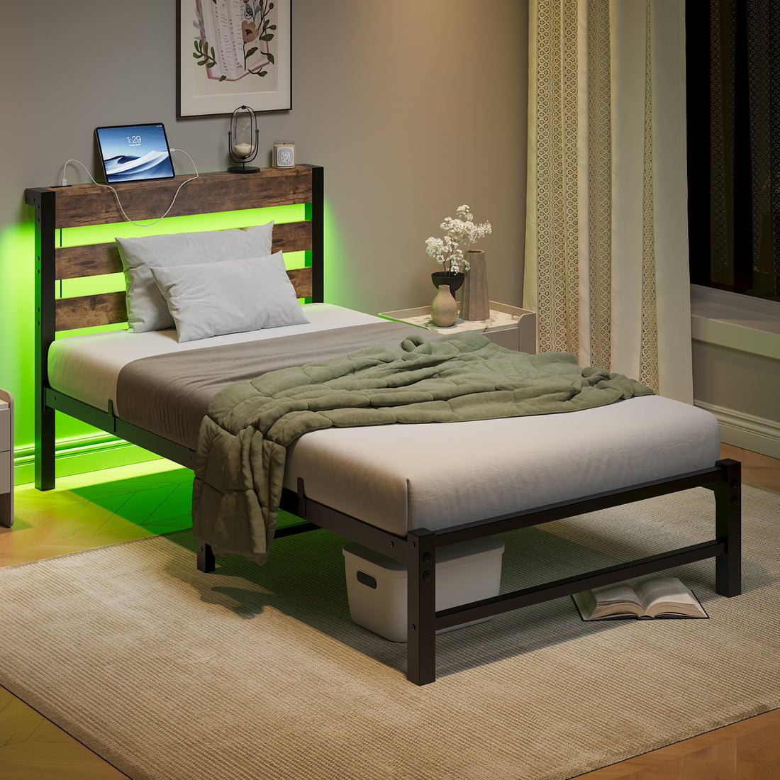 Twin Size Bed Frame Heavy Duty Platform Bed Frame With Headboard, Usb Charging Station, Led Bed, No Box Spring Needed, Mattress Foundation, Strong Steel Slats, Noise Free, Brown Box Spring Not Required Twin Beige Brown Metal Brown Bedroom