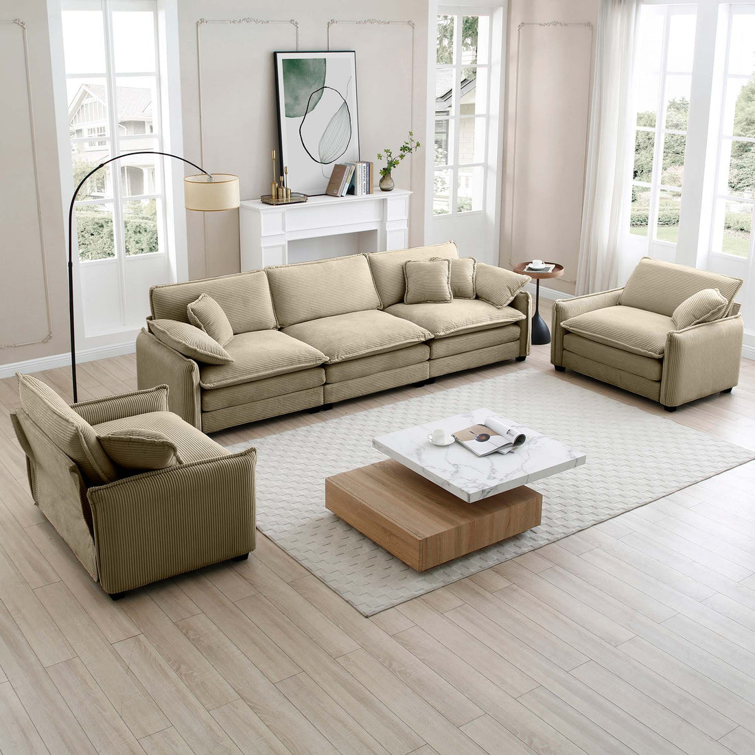 Warm And Cozy Sofa Set With Soft Cushions And Pillows, Home Theater Style Sofa Set Consisting Of A 3 Seater Sofa And Two Single Sofas In Tan Corduroy Fabric Tan Corduroy 5 Seat
