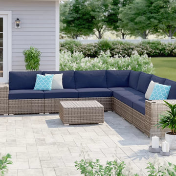 Stylish Rattan Wicker Fully Assembled 6 Person Seating Group With Premium Sunbrella Cushions Perfect For Outdoor Entertaining Dark Gray,Navy Blue Wicker