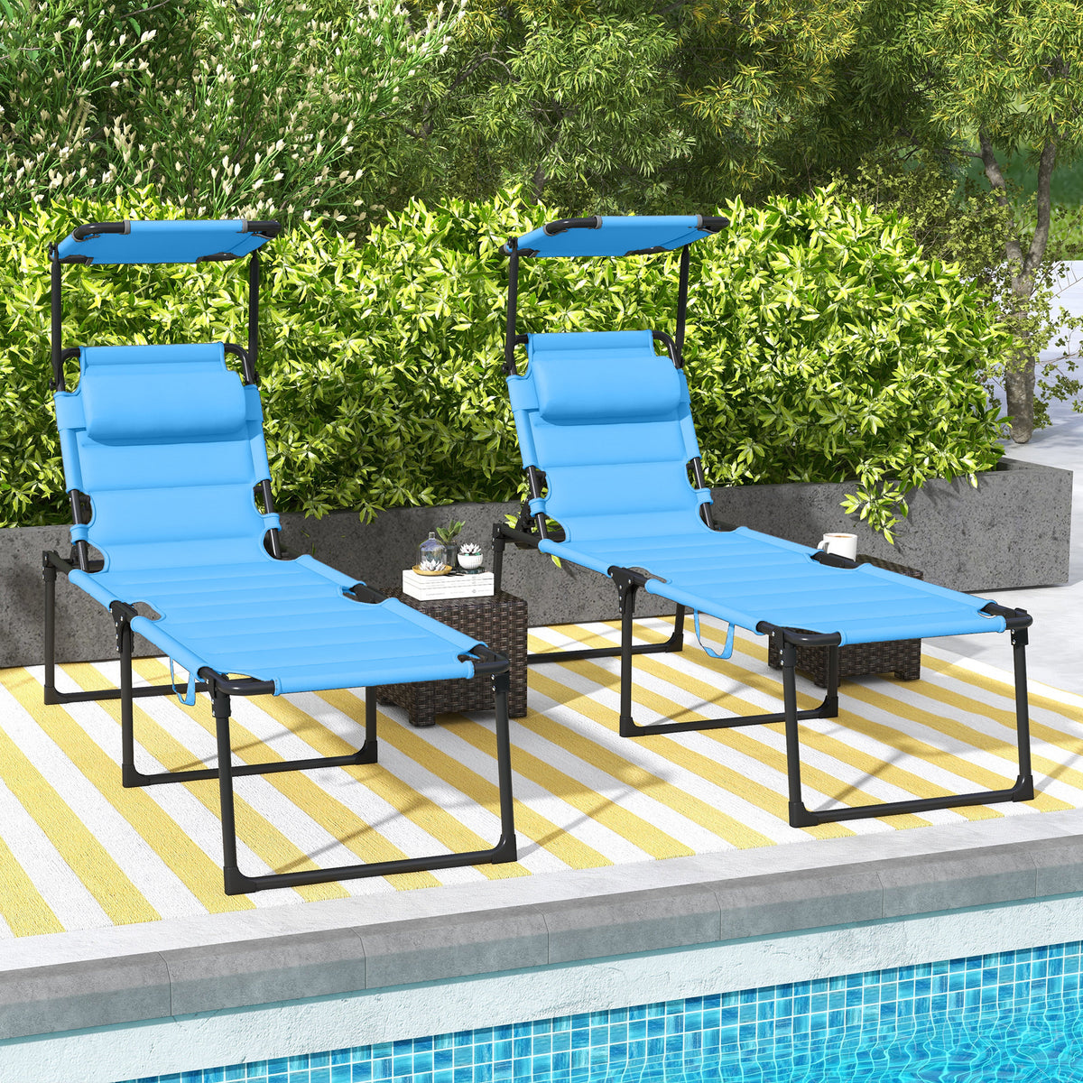 Outsunny 2 Pcs Outdoor Lounge Chair, Adjustable Backrest Folding Chaise Lounge, Cushioned Tanning Chair W Sunshade Roof & Pillow Headrest For Beach, Camping, Hiking, Light Blue Light Blue Steel