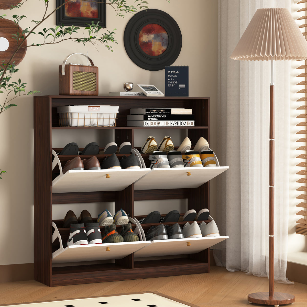 Shoe Storage Cabinet With 4 Flip Drawersshoe Rack Organizer Cabinet With Wooden Handle Freestanding Shoe Cabinet Storage With Anti Tip Fitting For Entryway, Hallway 5 Or More Spaces Walnut Primary