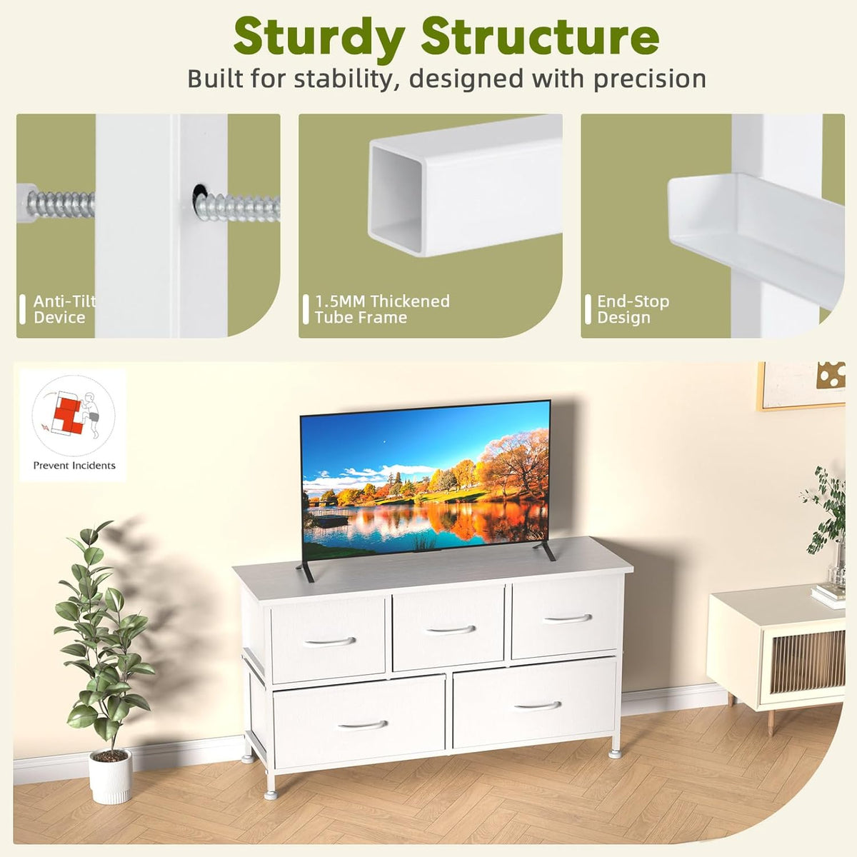 5 Drawers Dresser For Bedroom, Kidsroom Furniture, Wide Chest Of Drawers, Storage Organizer Units With Fabric Bins For Closet, White, Metal Frame, Waterproof Wood Top, Adjustable Feet White Wood