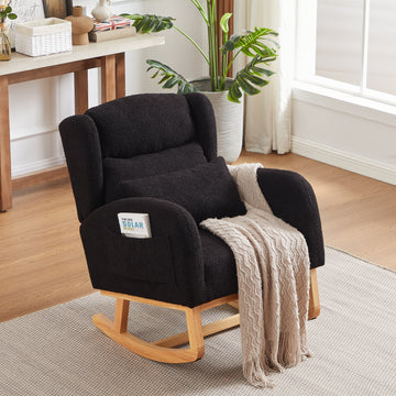 27.2"W Modern Accent High Backrest Living Room Lounge Arm Rocking Chair, Two Side Pocket Black Foam Fabric