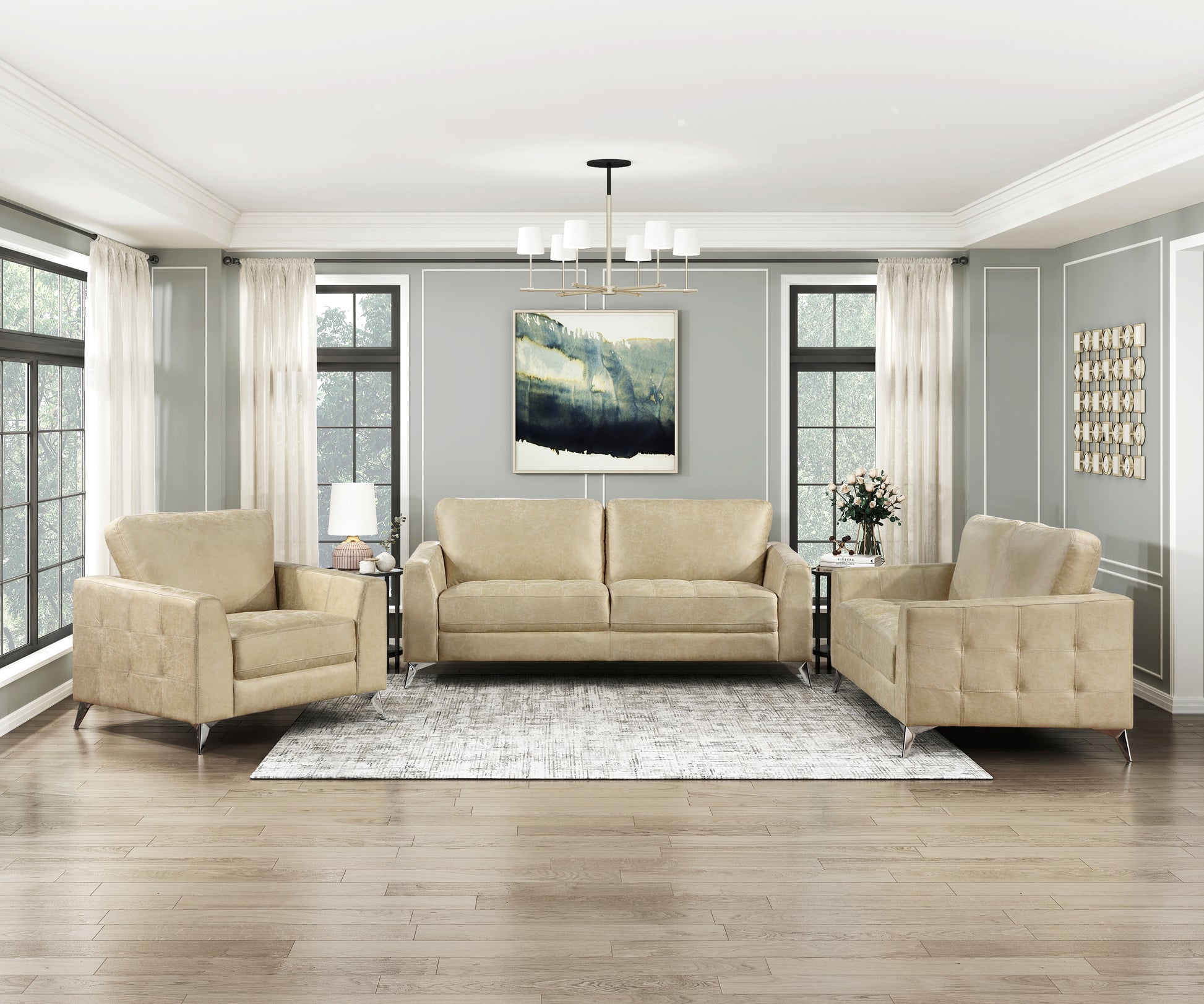 Sand Hued Polished Microfiber Upholstery Elegant Modern Style Chair 1Pc Solid Wood Living Room Furniture Silver Finish Metal Legs Sand Primary Living Space Modern Solid Wood