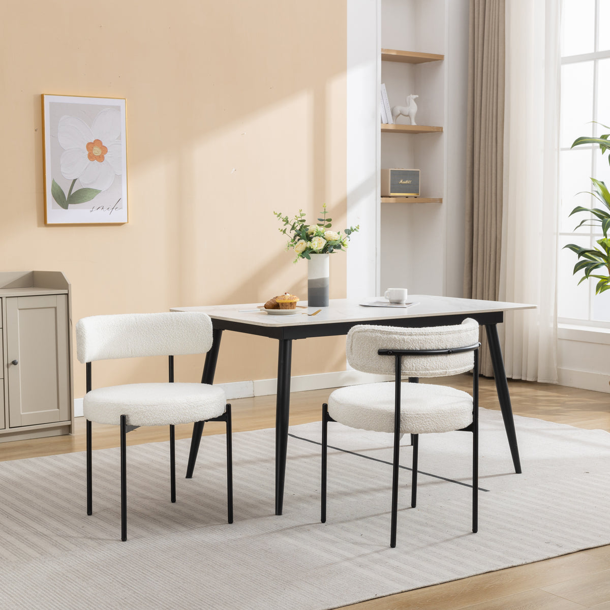 Burbank Modern Round Boucle Dining Chairs, Set Of 2, White Solid Off White Dining Room Powder Coated Foam Spot Clean Round Modern Dining Chairs Wing Back Set Of 2 Boucle Iron