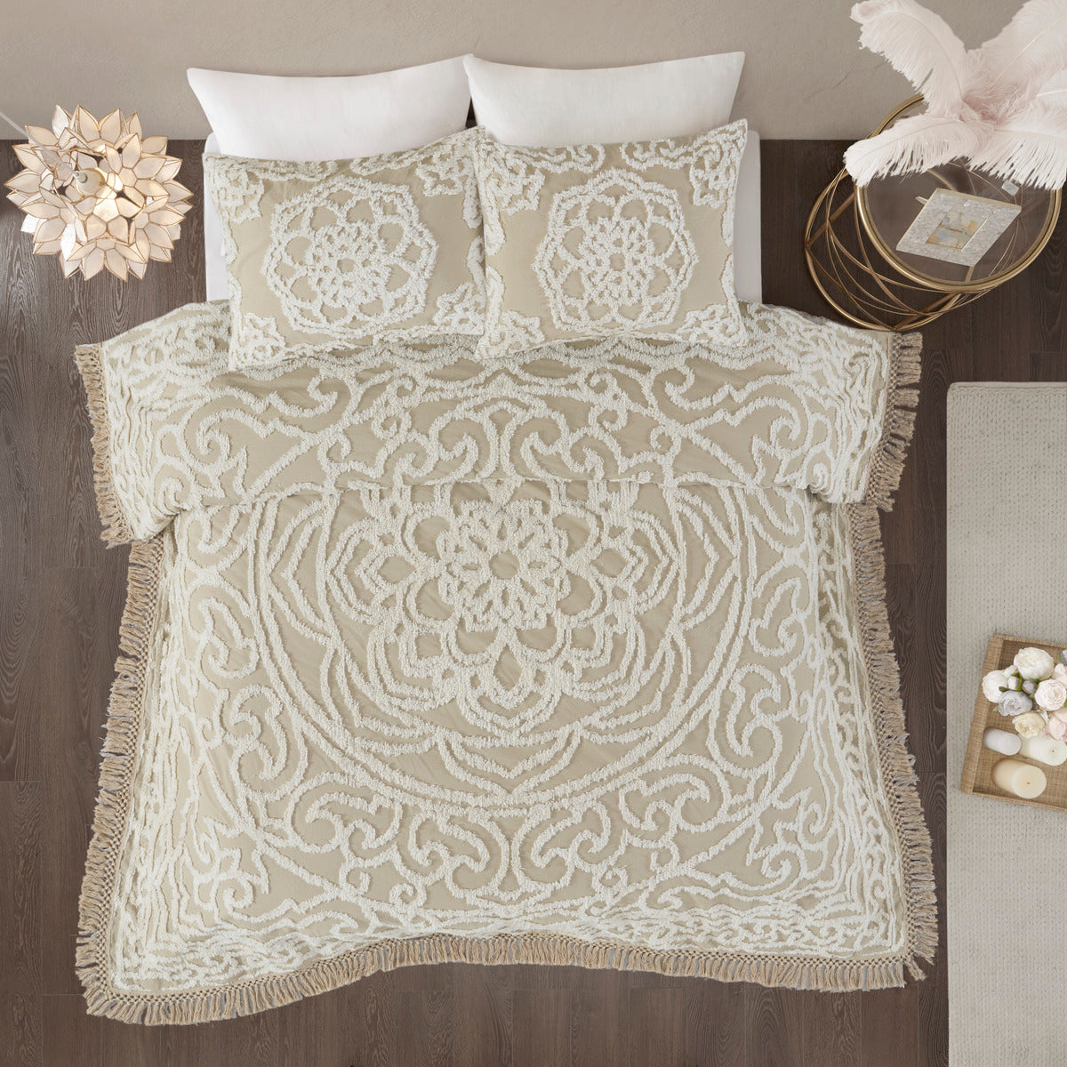 Tufted Cotton Chenille Medallion Fringe Coverlet Mini Set Taupe King Cal King King Taupe Cotton