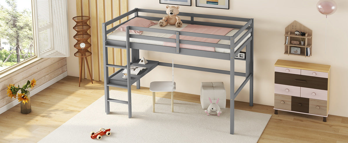 Twin Size Loft Bed With Desk And Shelves, Safety Guardrail And Ladder,Grey Twin Grey Pine