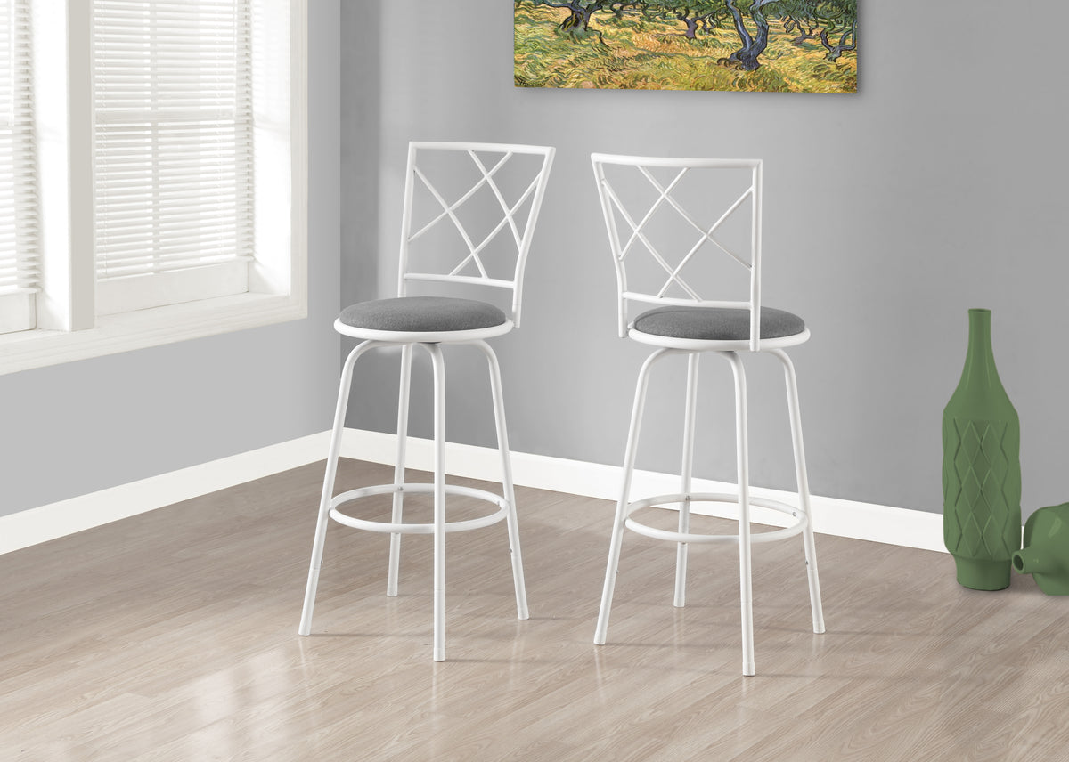Bar Stool, Set Of 2, Swivel, Bar Height, White Metal, Grey Fabric, Contemporary, Modern White Foam Metal
