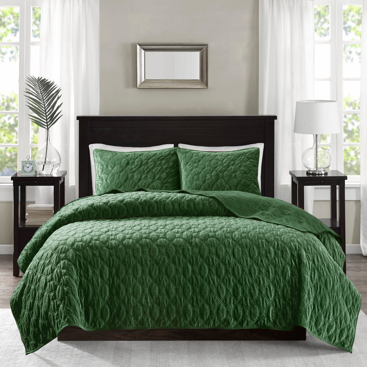 3 Piece Velvet Quilt Set Green King Cal King King Green Cotton