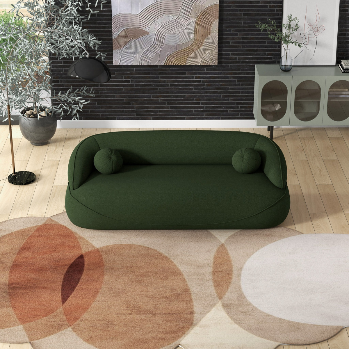 Andrew Dark Green Boucle Sofa Dark Green Wood Primary Living Space Medium Firm Mid Century Modern Foam Boucle,Solid Wood 3 Seat