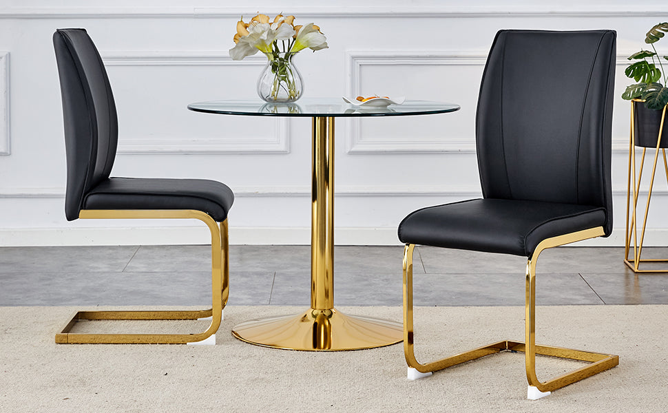 Luxury Simple Arch Chair Set Of 2 Black Pu Material High Resilience Dining Chair With Arched Metal Gold Leg. Black Gold Set Of 2 Metal,Pu
