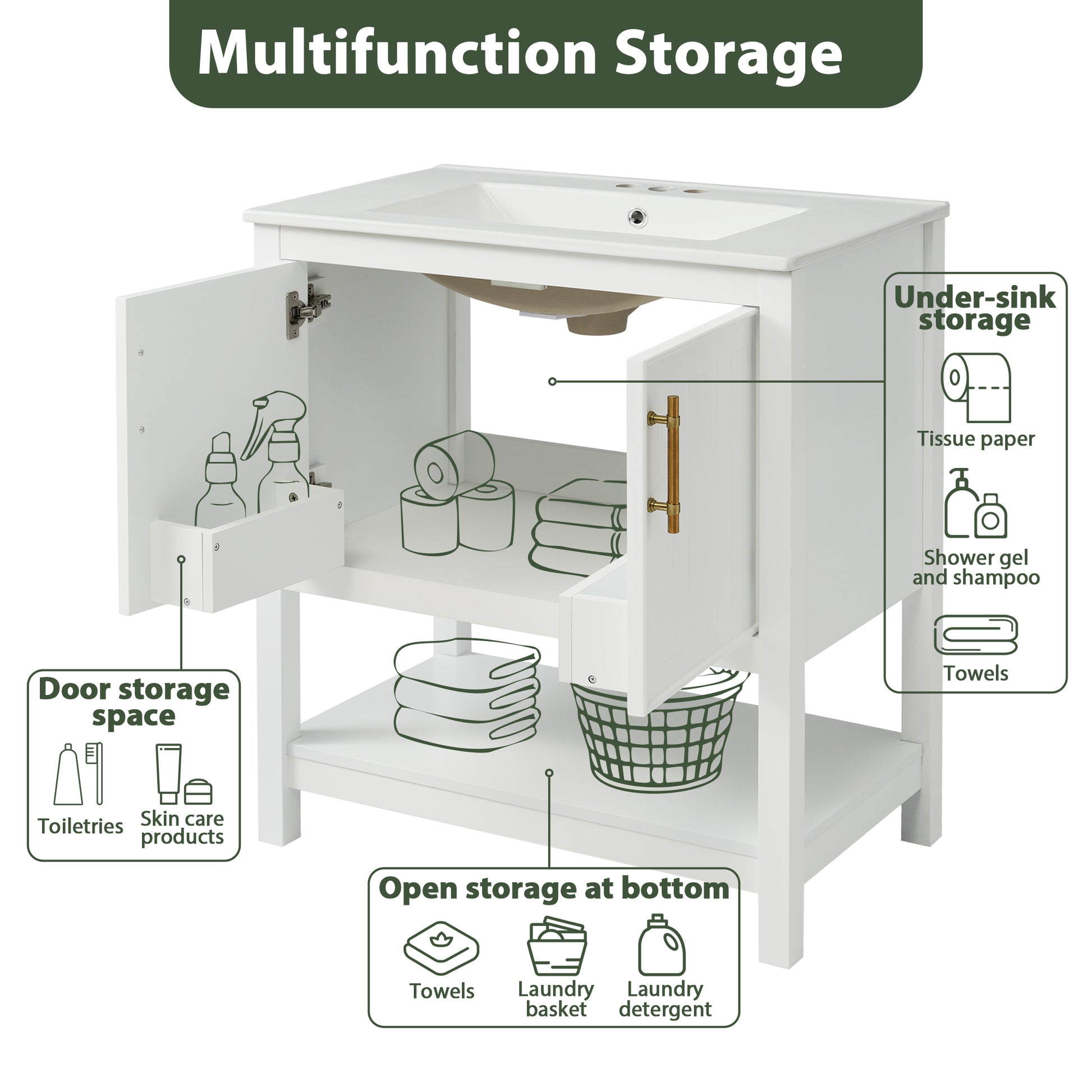 30 Inch White Bathroom Vanity With Ceramic Sink And Versatile Storage Ideal For Small Bathrooms White Bathroom Solid Wood Mdf