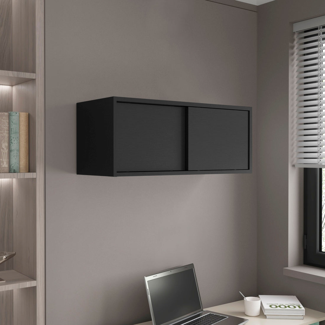 Wall Cabinet 13" H, 2 Sliding Doors, 1 Shelf, Black Black Solid Wood Mdf Engineered Wood
