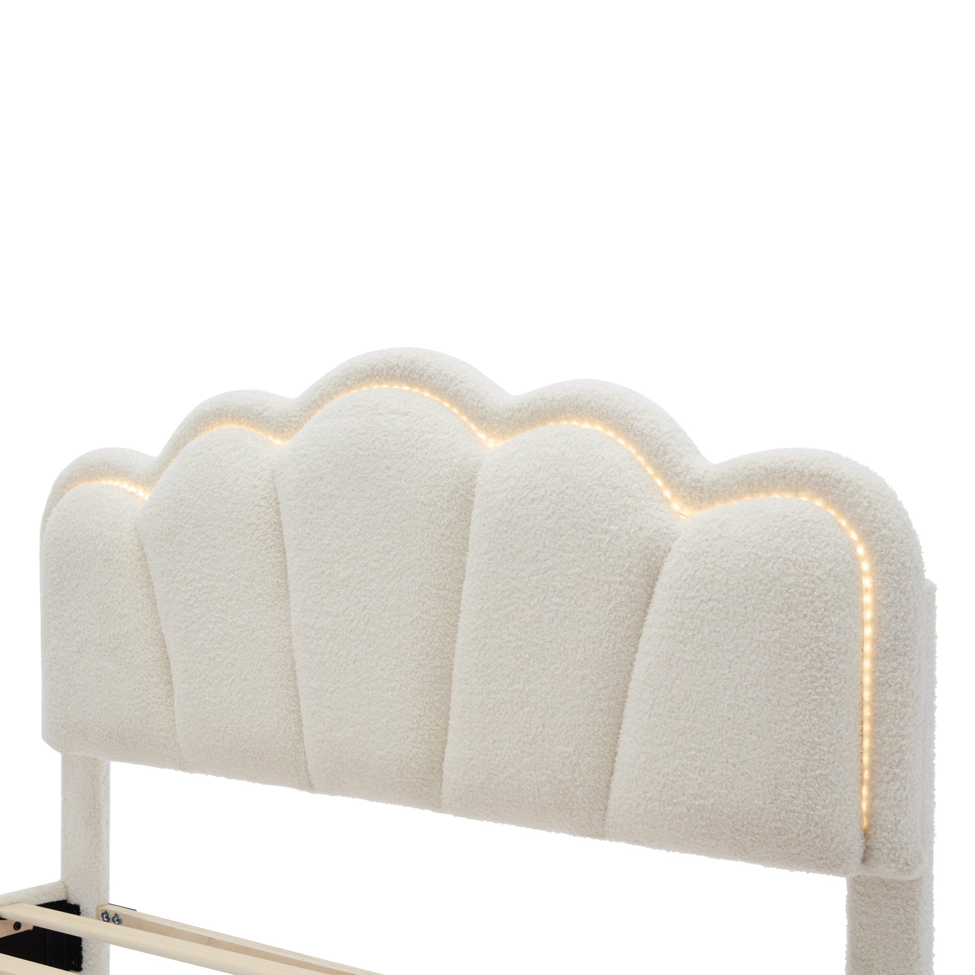 Full Size Upholstered Flower Shape Bed, Elegant Flowers Headboard With Led Light Strip, Sherpa Fabric Platform Bed With Wooden Slats Support, White Full White Wood
