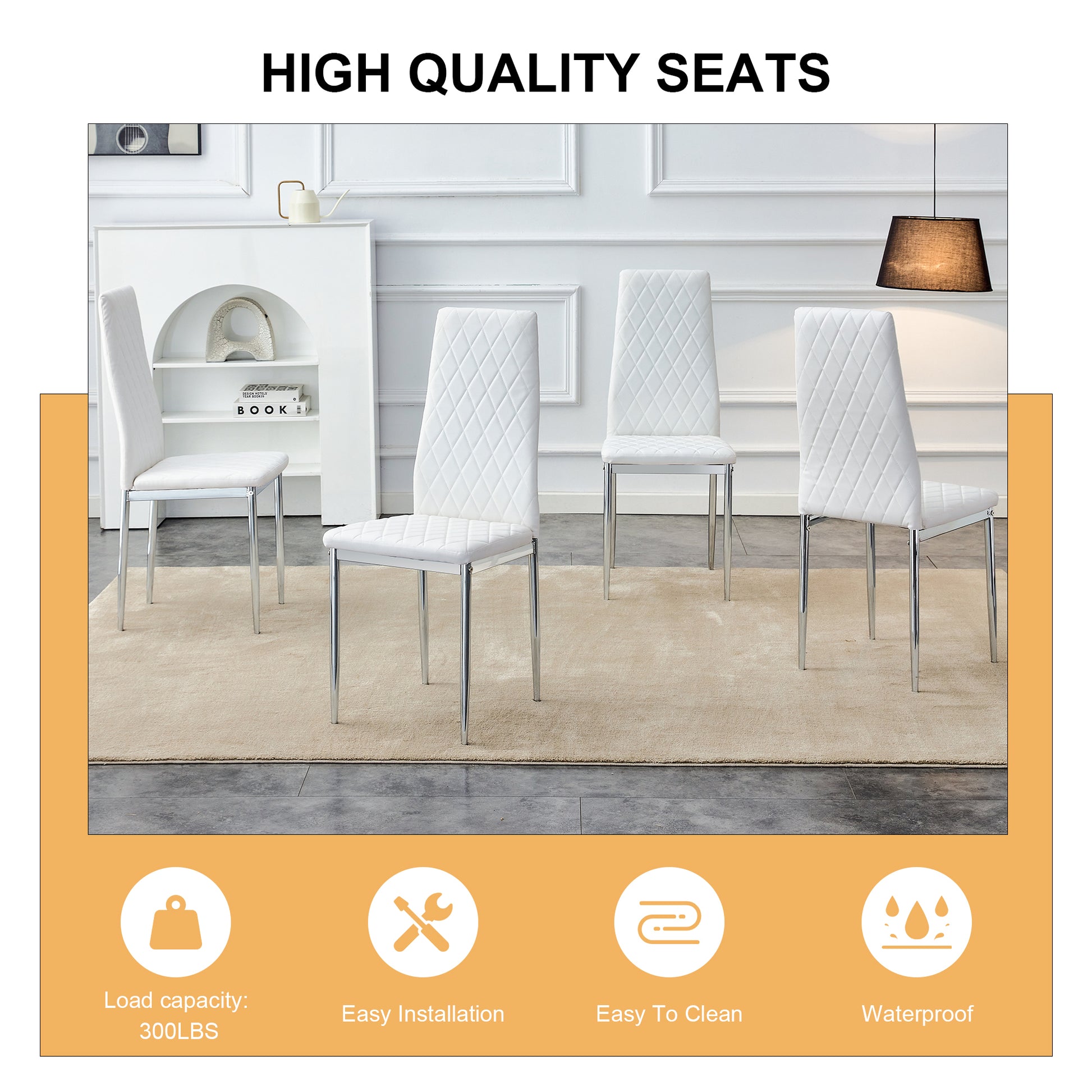 Table And Chair Set.Rectangular Dining Table With Tempered Glass Tabletop And Silver Plating Metal Legs.Paired With 6 Checkered Armless High Back White Chairs With Electroplated Metal Legs. White Seats 6 Glass Metal