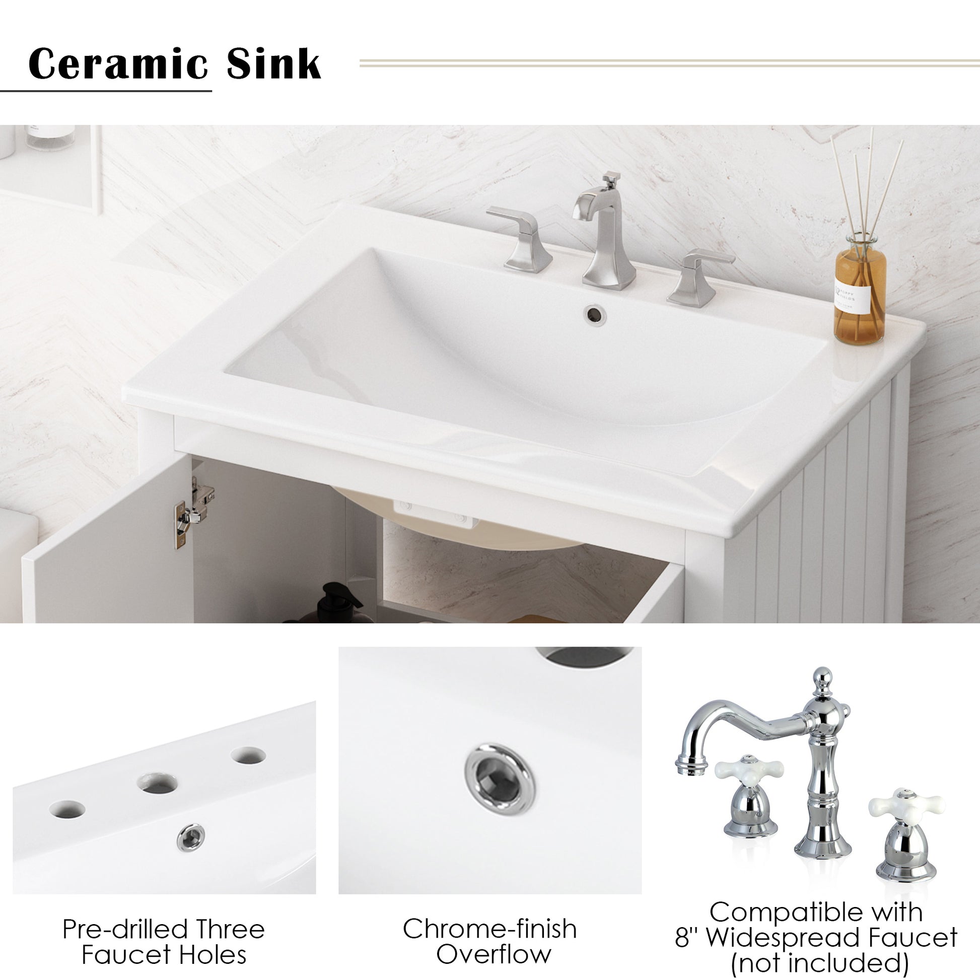 24" White Modern Sleek Bathroom Vanity Elegant Ceramic Sink With Solid Wood Frame Open Style Shelf White Solid Wood