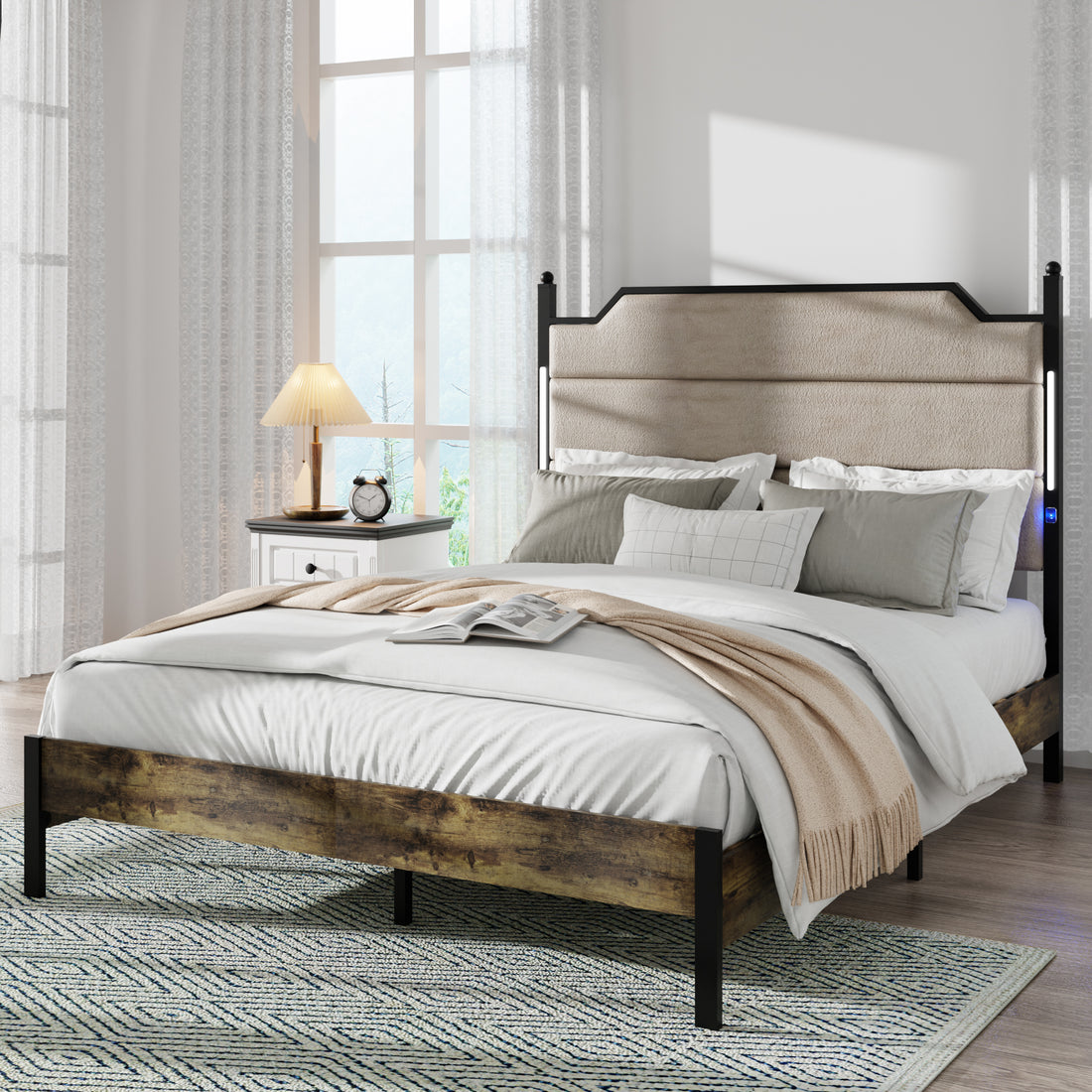 Queen Size Bed Frame With Upholstered Headboardqueen Bed Frame With Charging Station And Led Lights, Wood Slats, Easy Assembly,No Box Spring Needed,Industrial Brown Box Spring Not Required Queen Brown Metal Bedroom Modern Bed Frame Mdf Metal