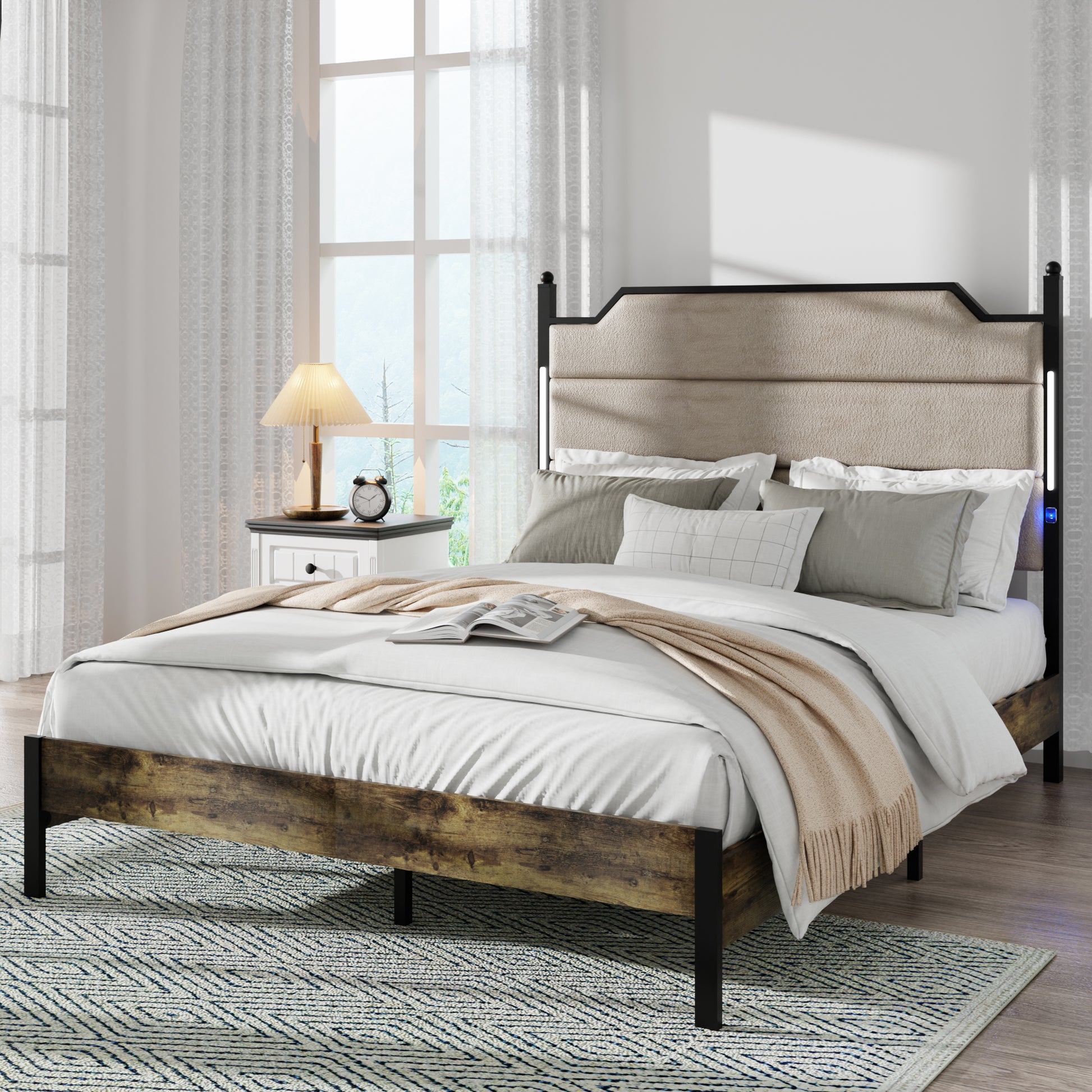 Queen Size Bed Frame With Upholstered Headboardqueen Bed Frame With Charging Station And Led Lights, Wood Slats, Easy Assembly,No Box Spring Needed,Industrial Brown Box Spring Not Required Queen Brown Metal Bedroom Modern Bed Frame Mdf Metal
