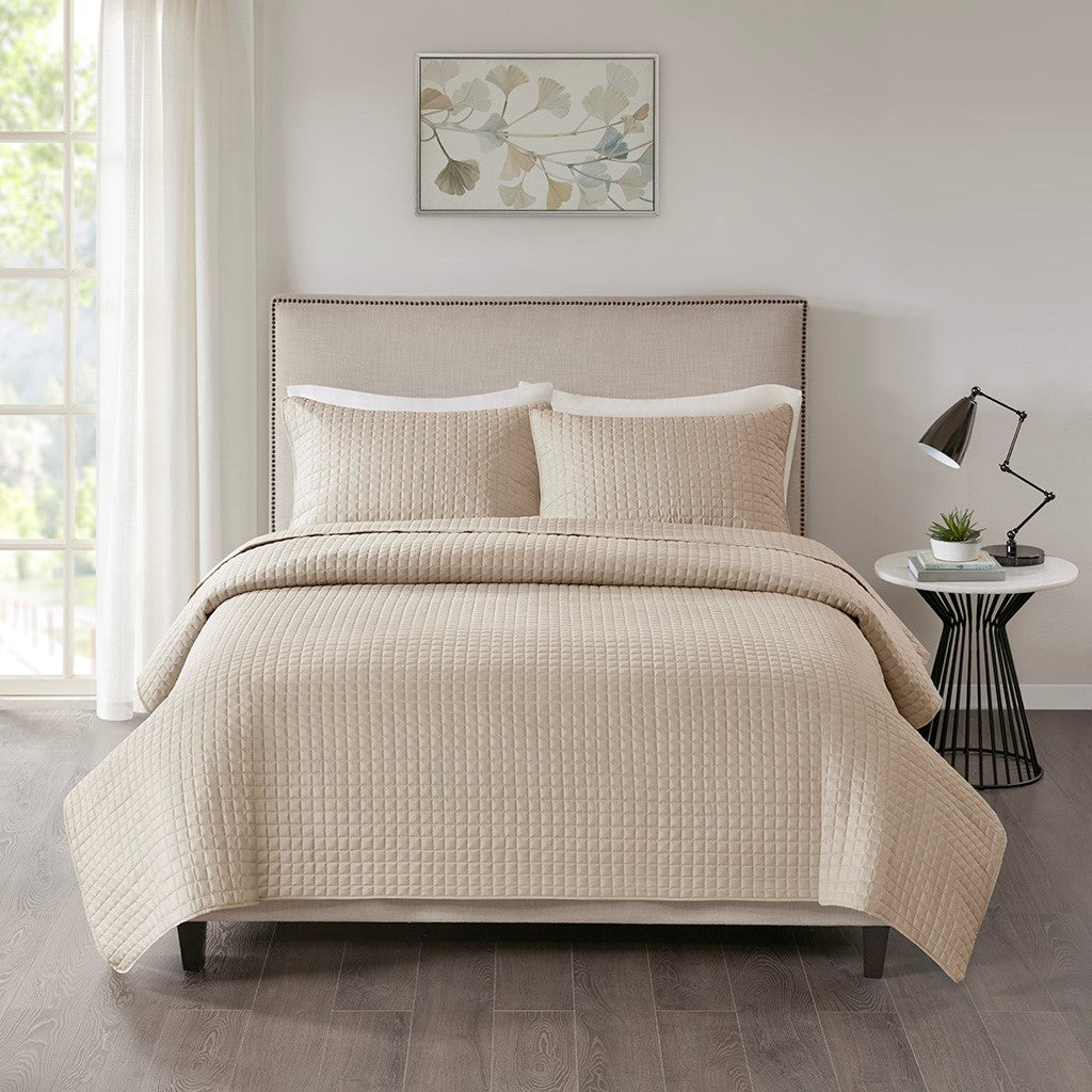 3 Piece Reversible Quilt Set Khaki King Cal King Khaki Polyester