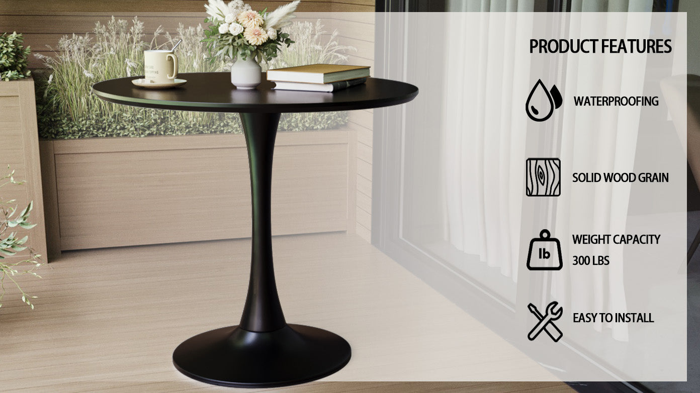 Black Circular Dining Table, 31.5 "Tulip Dining Table, Kitchen Dining Table For 2 4 People, Mdf Tabletop And Base, And 2 White Pu Black Metal Leg Dining Chairs Set 2 Black Mdf