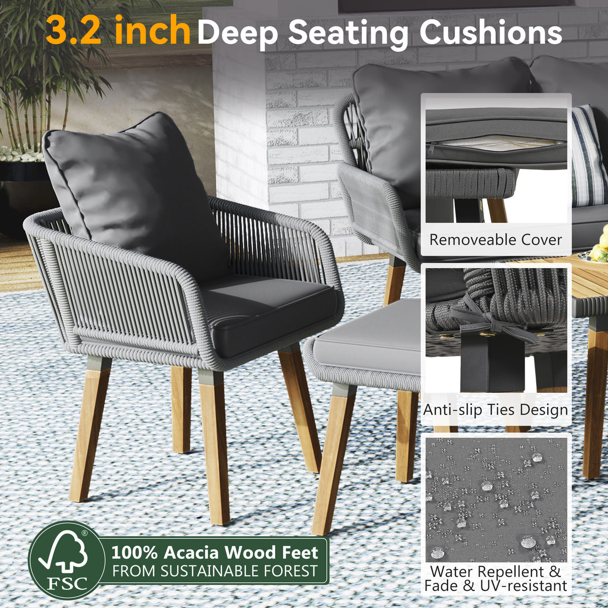 K&K 6 Piece Rope Patio Furniture Set, Outdoor Furniture With Acacia Wood Cool Bar Table With Ice Bucketdeep Seat Patio Conversation Set With Two Stools For Backyard Porch Balcony Grey Yes Complete Patio Set Grey Weather Resistant Frame Fade Resistant