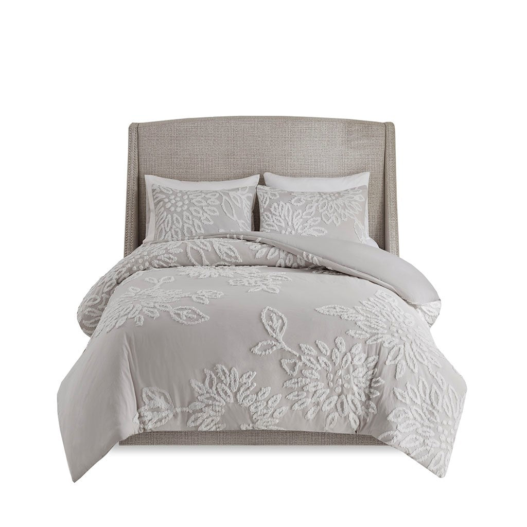 3 Piece Tufted Cotton Chenille Floral Duvet Cover Set King Grey Cotton
