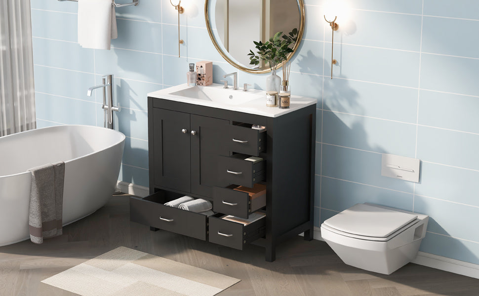 36" Black Bathroom Vanity With Ceramic Sink Combo, Abundant Storage Cabinet 2 Soft Close Doors And 5 Drawers Black Bathroom Solid Wood Mdf