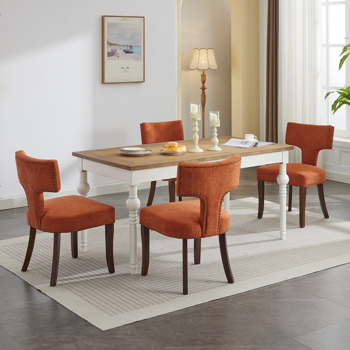 Mid Century Modern Dining Chairs Set Of 2, Farmhouse Linen Fabric Upholstered Accent Chair Curved Backrest With Copper Nails Around,Kitchen Chairs With Hardwood Frame, Orange Orange Classic Set Of 2 Foam Upholstered